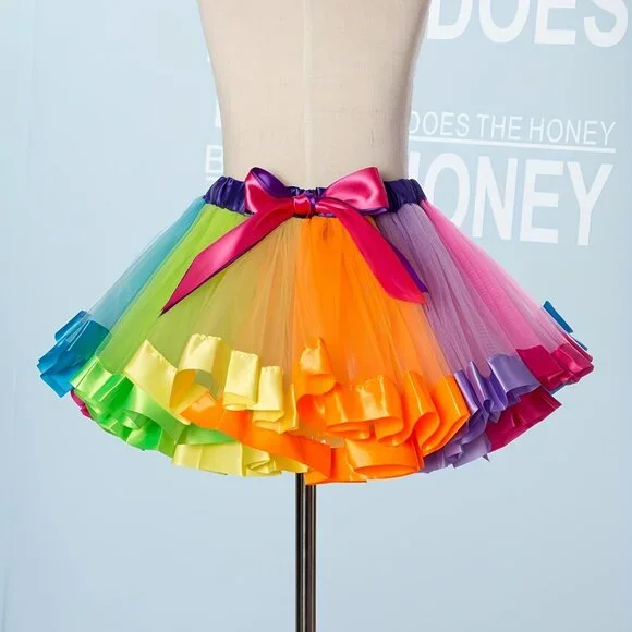 Girls' Rainbow Tulle Skirt, Party Style, Colorful Mesh Dance Tutu With Satin Bow - Picture 4 of 7